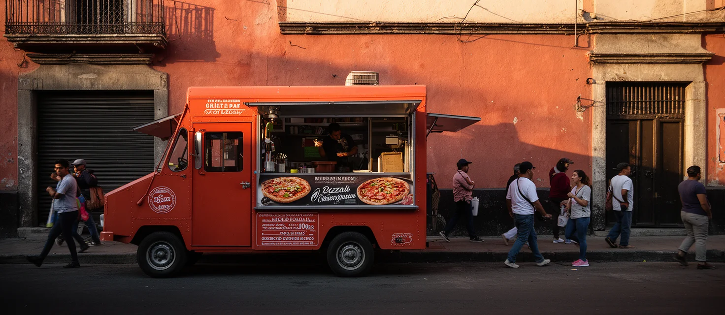 Camión de comida con pizzas en una calle (foto referencial)