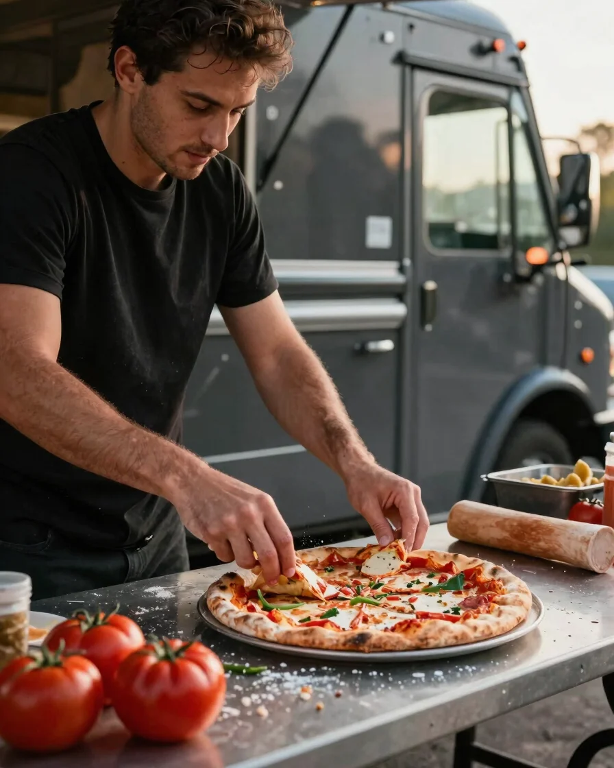 Persona armando una pizza junto a un camión de comida (foto referencial)